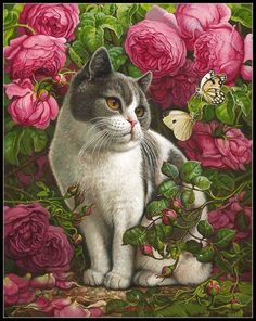 a painting of a cat surrounded by pink roses