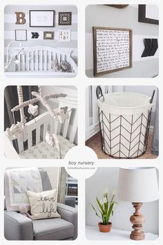 a collage of photos with baby nursery items