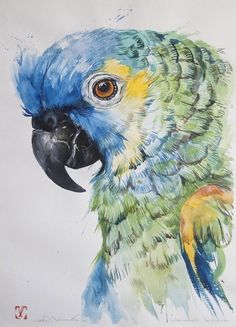 a painting of a blue and green parrot with yellow feathers on it's head