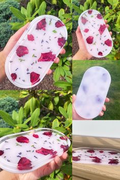 three pictures showing the process of making soap with rose petals