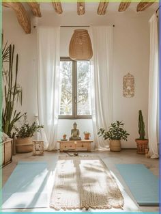 a living room with plants and a buddha statue in the corner, on top of a rug