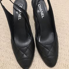 Sling Back, Chanel Quilted Black Leather Heels Size: 39 1/2 (Us9) Gently Worn, Small Scuff On Right Toe Chanel Classic Heels, Sling Back Chanel, Sling Back Pumps, Classic Chanel, Black Leather Heels, Sling Back, Chanel Black, Chanel Shoes, Leather Heels