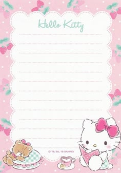 a hello kitty station paper with two teddy bears and a teacup on it,