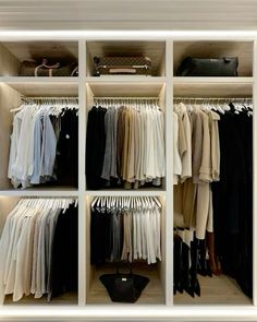 an organized closet with clothes and handbags