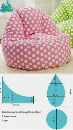 a pink and green polka dot bean bag chair with measurements for the seat height,