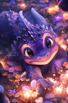 a close up of a purple dragon laying on the ground with flowers and lights in the background