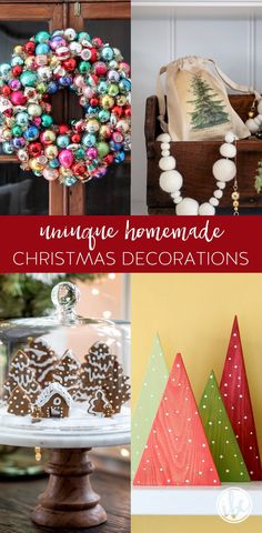 christmas decorations and crafts are featured in this collage with the words unique homemade christmas decorations