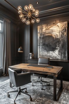 an elegant office with black walls and carpeted flooring, large painting on the wall