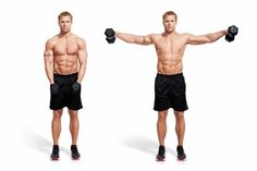 a man with no shirt is holding two dumbbells in his right hand and one on the left