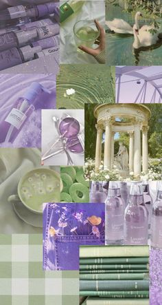 the collage shows many different things in purple and green colors, including flowers, candles, books, vases, and other items