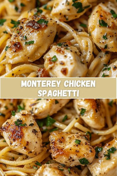 chicken and pasta with parsley on top in a skillet, the words monterfy chicken spaghetti above it