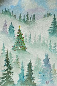 a painting of a christmas tree in the snow