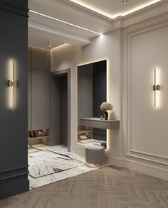 an elegant bathroom with marble flooring and wall sconces, lighting up the walls