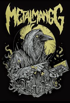 a black and yellow poster with an image of a crow holding a knife in it's hand