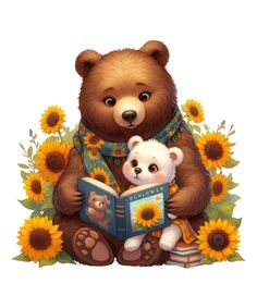 a brown bear sitting on top of a pile of sunflowers reading a book