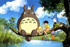 cartoon characters sitting on the branch of a tree in front of a river and forest