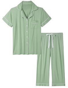 PRICES MAY VARY. 🌙Super soft pajama set for women comprise 95% viscose made from bamboo and 5% spandex. Lightweight, silky,and durable, you can hardly feel its existence while wearing. Cool and breathable material is perfect for hot weather, definitely essentials to people who have night sweats. 🌙Short sleeve pj top features notch collar, full button down and front pocket. It will keep you warm in the winter and cool in the summer. Skin-friendly, do not ball. 🌙Capri pajama pants features elas Boyfriend Top, Bamboo Pajamas, Soft Pajamas, Sleepwear Sets, Pajamas Set, Pajama Bottoms, Short Pajama Set, Sleepwear Women, Pajamas Women