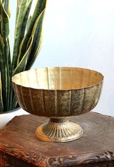 a metal bowl sitting on top of a wooden table next to a potted plant