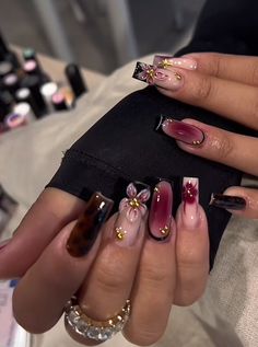 Wine Red  / Black Nails Wine Red Nail Inspo Acrylic, December Gel X Nails, Bow Nail Inspo Almond, Aesthetic Red Nails Acrylic, Cream And Burgundy Nails, Black And Pink Airbrush Nails, Nails Theme Ideas, Red Cool Nails, Nail Asthetic Idea