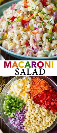 macaroni salad in a bowl with the title overlay above it and below