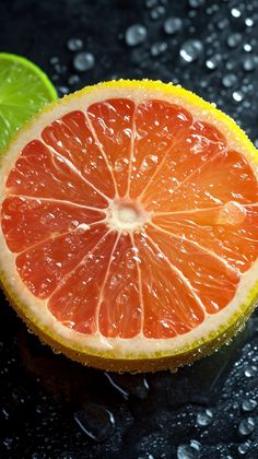 a grapefruit cut in half on a black surface with water droplets around it