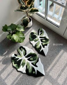 two green and white rugs sitting on the floor next to a potted plant