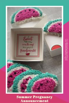 an open box with some crochet on it and the words summer pregancy announcement