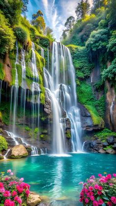 a waterfall with flowers in the foreground and water running down it's sides