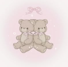 two brown teddy bears sitting next to each other on top of a pink background with hearts