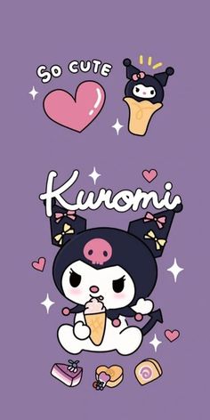 an anime character eating ice cream on top of a purple background with hearts and stars