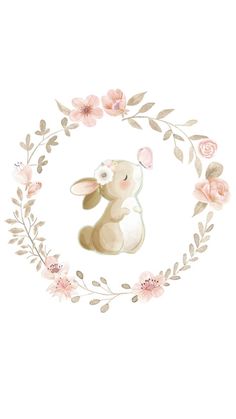 a white rabbit with pink flowers and leaves around it's head in a circle