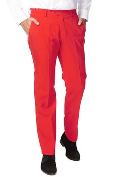 This red-hot suit features a slim, two-button jacket, crisply creased flat-front trousers and a matching tie to create a formal look that's perfect for a handsome devil like you. Jacket has a two-button closure, notch lapels; nonfunctional four-button cuffs; chest pocket; front flap pockets; side vents. Trousers have a zip fly with button-tab closure; front slant pockets; back welt pockets. Fully lined. 100% polyester. Dry clean or machine wash cold, dry flat. By OppoSuits; imported. The Rail. Tailored Red Dress Pants For Formal Occasions, Red Elegant Formal Dress Pants, Elegant Red Formal Dress Pants, Red Slim Fit Suits For Formal Occasions, Red Slim Fit Formal Suits, Fitted Single Breasted Flat Front Pants, Red Fitted Formal Suits, Flat Front Fitted Pants With Single Button, Fitted Flat Front Pants With Single Button