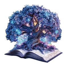 a book shaped like a tree with blue flowers on it's cover and an open page in the middle