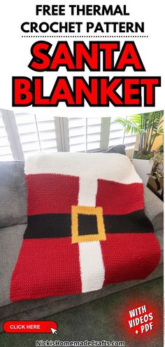 a crocheted santa blanket sitting on top of a couch