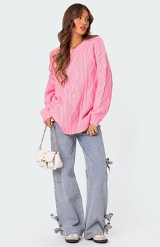 Classic cable stitches pattern a comfortably oversized sweater knit with dropped shoulders and a wide crewneck. Crewneck Long sleeves Dropped shoulders Ribbed cuffs and hem 100% acrylic Hand wash, dry flat Imported Oversized Pink Sweater, Oversized Cable Knit Sweater, Stitches Pattern, Pink Oversized Sweater, Hot Pink Sweater, Statement Outfit, Preppy Sweater, Stitch Sweater, Sweater Oversized