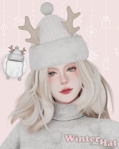 a woman with blonde hair wearing a white hat and reindeer antlers on her head