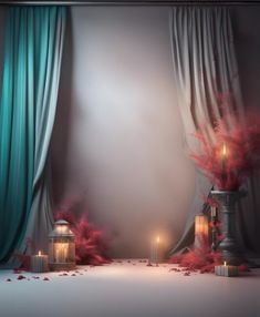 a room with curtains, candles and flowers on the floor in front of it is an empty wall