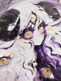 an abstract painting of a woman's face with purple and gold paint on it