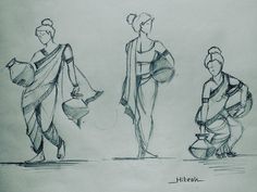 three sketches of women in sari clothing, one holding a pot and the other carrying a basket