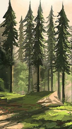 a painting of some trees in the woods