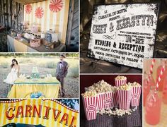 several different pictures with some food and drinks in them, including popcorn boxes, candy