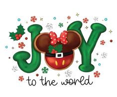 the word joy to the world with mickey mouse's hat and holly wreaths