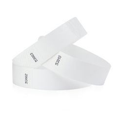 two white wristbands with black logos on them