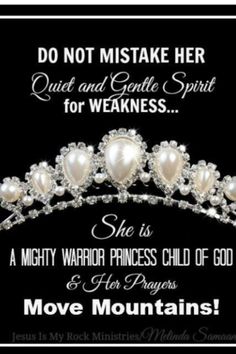 a tiara that says she is mighty warrior princess child of god and her prayer move mountains