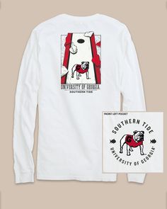 The back view of the Georgia Bulldogs Gameday Cornhole Board T-Shirt by Southern Tide - Classic White Georgia Shirts Vinyl, Cute Georgia Bulldog Shirts, Georgia Bulldog Shirt, Father Son Outfits, Georgia Hoodie, Georgia Shirt, Beach Towel Bag, Boys Swim Trunks, Cornhole Board