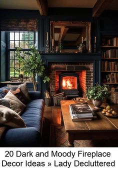 a living room filled with furniture and a fire place next to a book shelf full of books