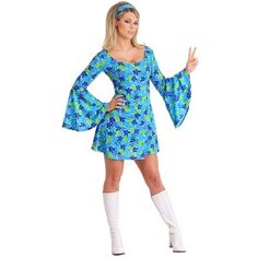 The Fun Costumes Wild Flower Hippie Disco Dress Women's Plus SizeIt's time to go back to the groovy 1960s and the discotheque 1970's with the Women's 70s Wild Flower Dress Costume! The funky flower print makes it a great costume choice for ladies who like bright colored outfits for Halloween. The dress features a scoop neckline, a short, flared hemline, and belled sleeves for a retro outfit that's as cute and  as you want it to be. An included headband completes the costume look and features the 70s Outfits Women, Moda Z Lat 70., 70s Dress Up, 70s Party Outfit, 70s Disco Dress, 70s Disco Outfit, 70s Mode, 70s Fashion Dresses