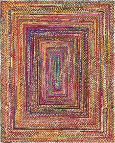 a square rug made out of multicolored yarn