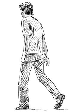 a man walking down the street with his hand in his pocket, sketched on paper