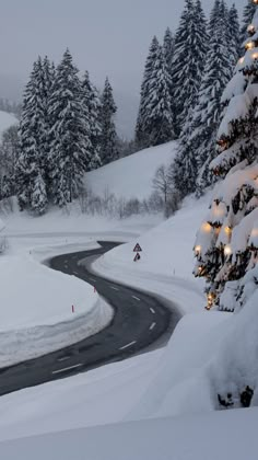 a winding road in the middle of a snowy landscape with evergreen trees on either side